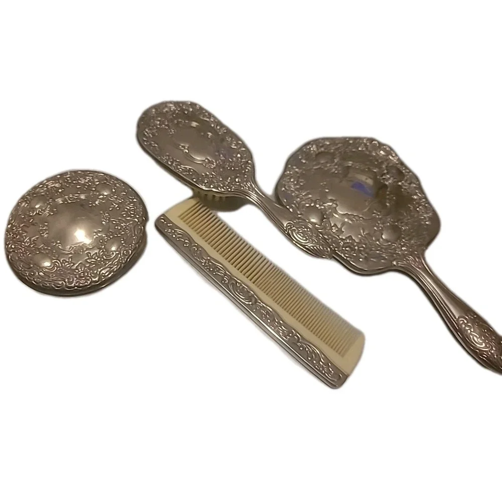 Vintage Silver Plate 4 Piece‎ Vanity Set Comb Brush Mirror And Glass Powder Con.